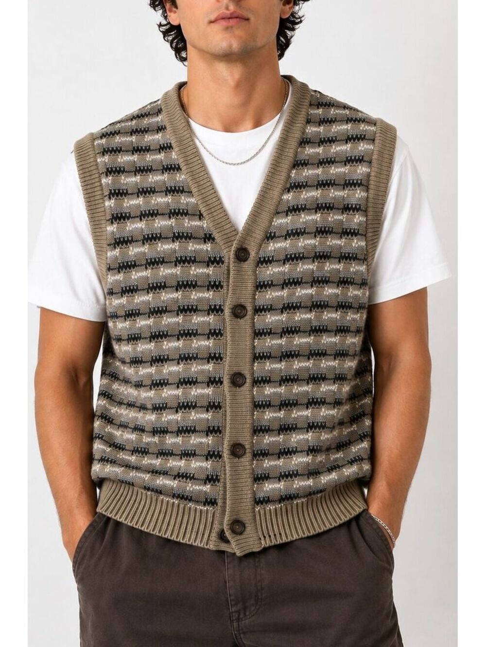 Vintage 90s Jantzen Mens L Geometric Sweater Vest Retro Preppy Knit Fall Y2K